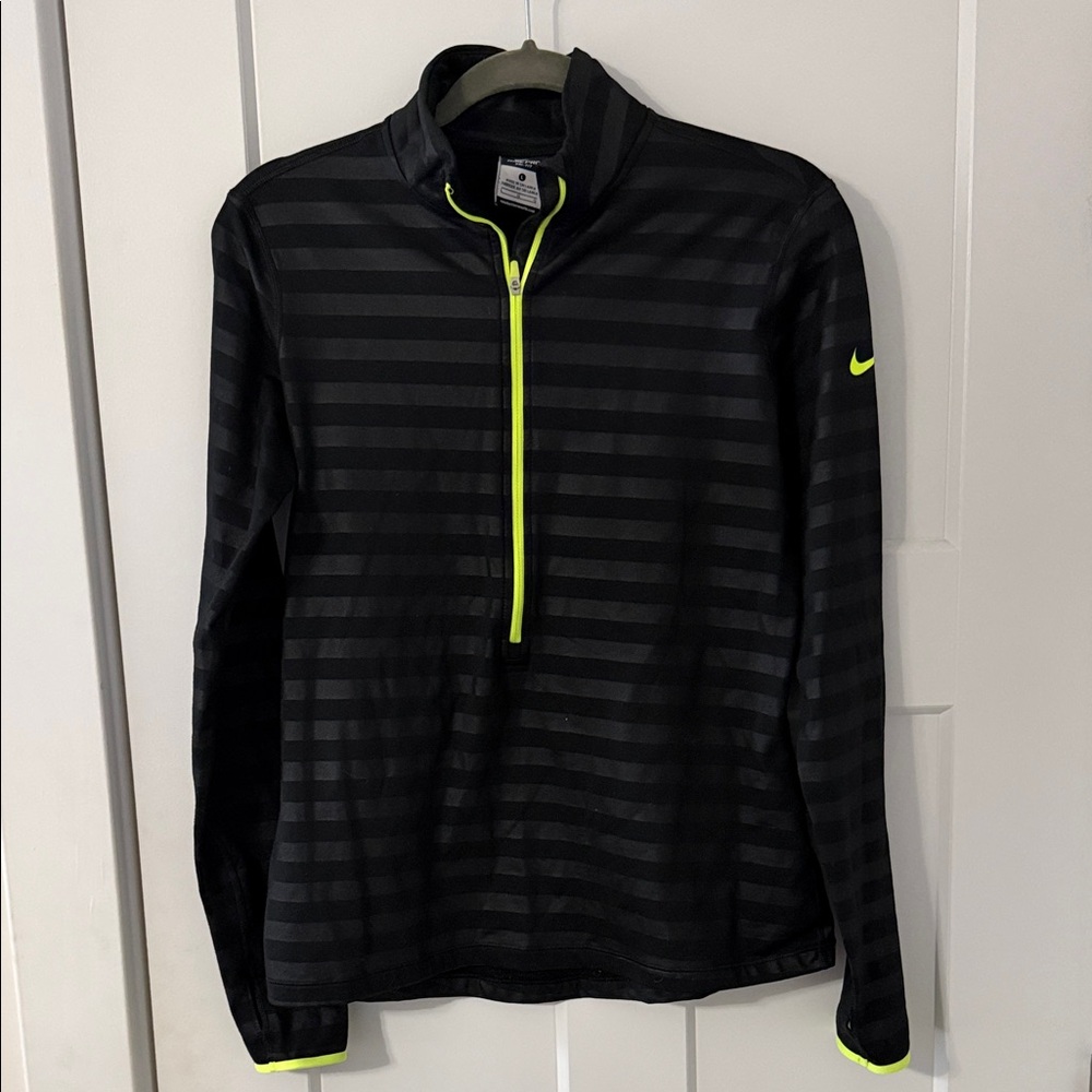 Nike Women's Hyperwarm Drifit Black Long Sleeve Hall Zip Top with Neon Accents